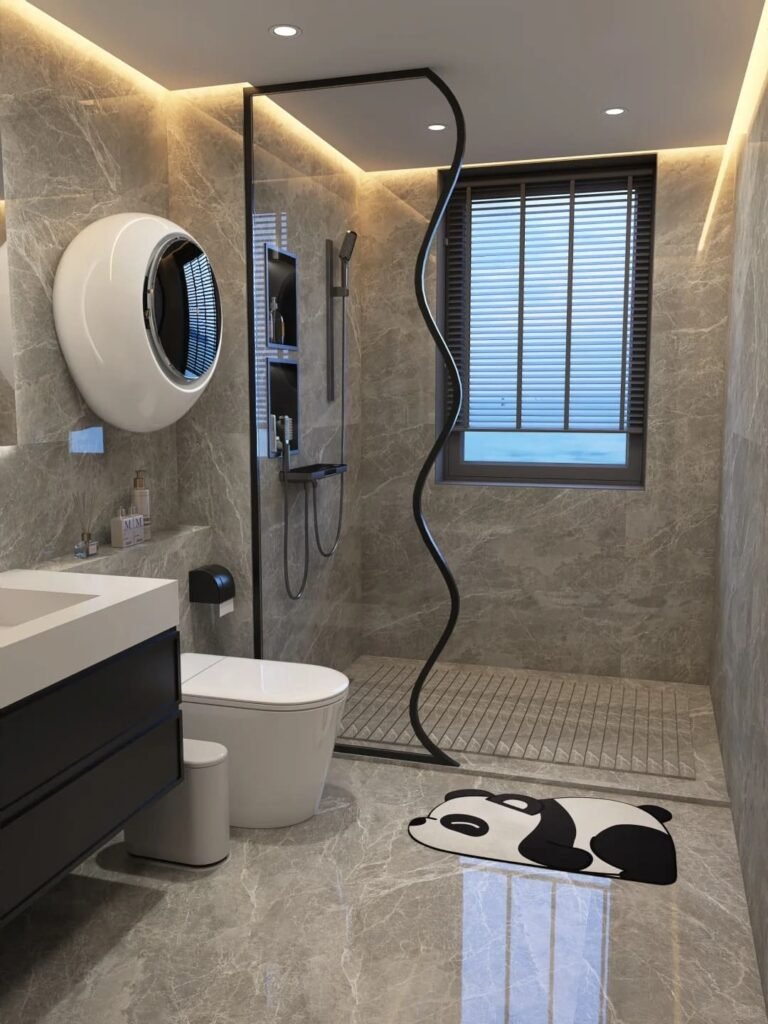 Small bathroom featuring clear glass shower panels for an open and seamless design.