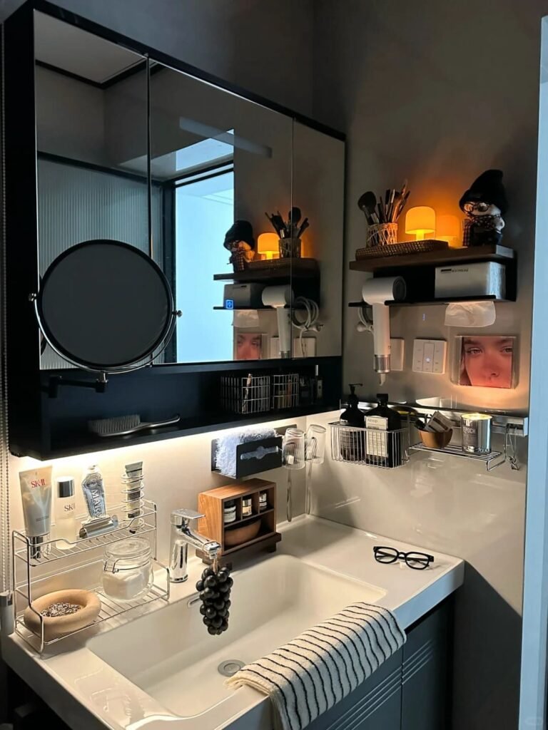 Corner bathroom sink maximizing floor space in a tiny powder room.
