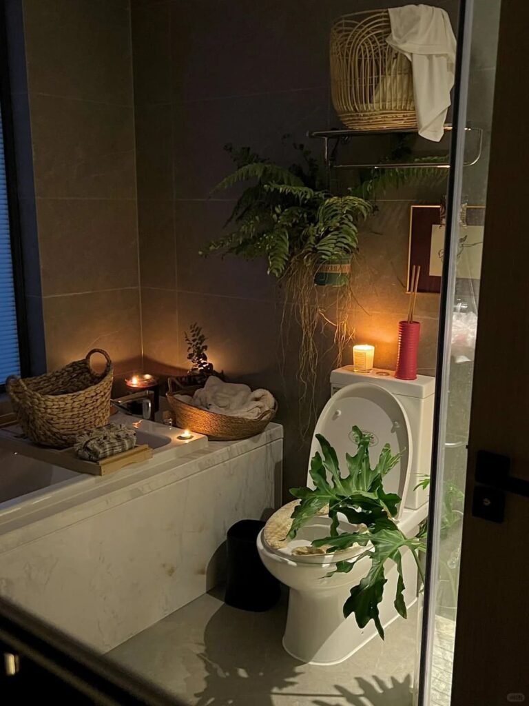 Fresh eucalyptus hanging from a showerhead creating a spa-inspired bathroom experience.
