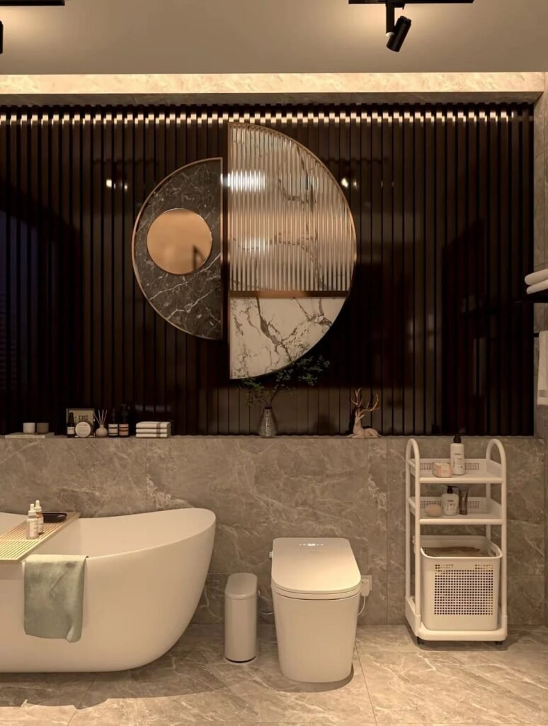 Walk-in shower with a full-height recessed niche for stylish bathroom storage.