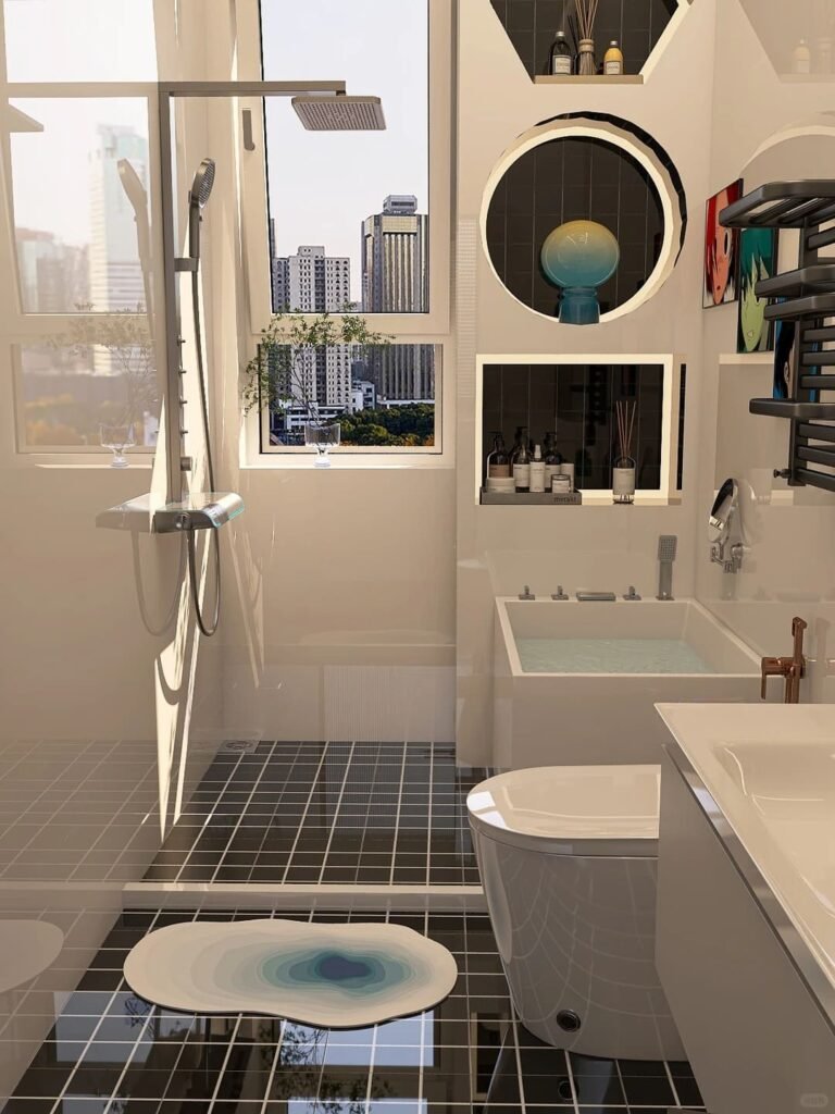Small bathroom with a high-gloss painted ceiling reflecting light throughout the space.