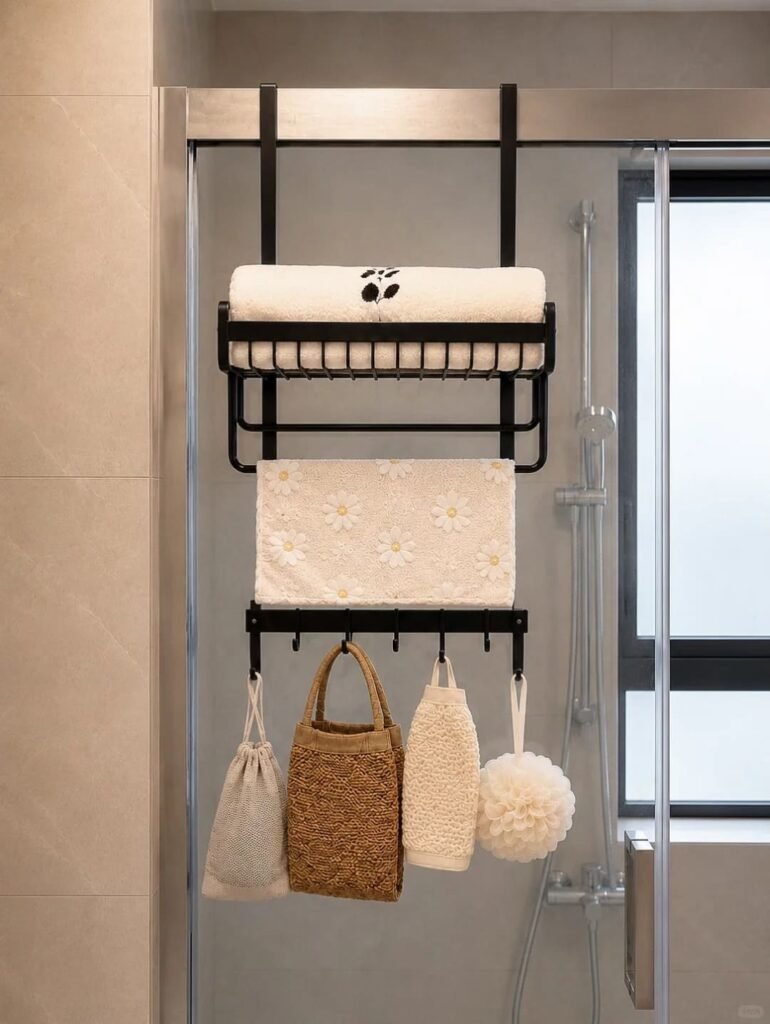 Stylish over-the-door bathroom organizer with woven baskets and neatly folded towels.