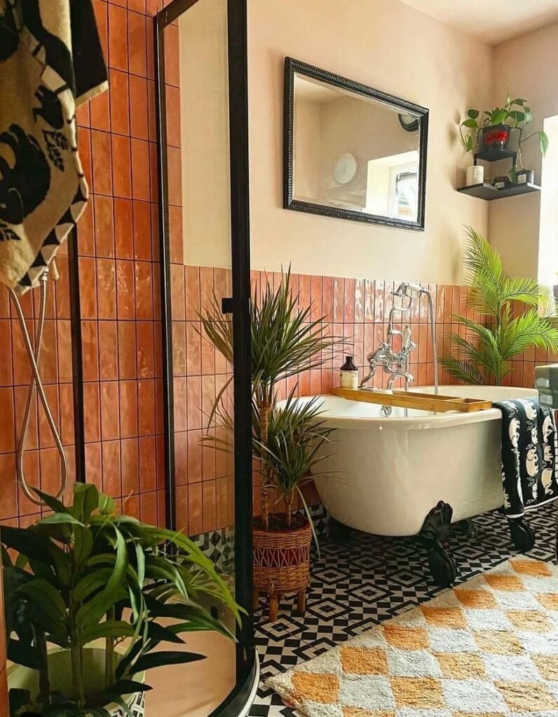 Vintage patterned rug adding warmth and personality to a modern bathroom.