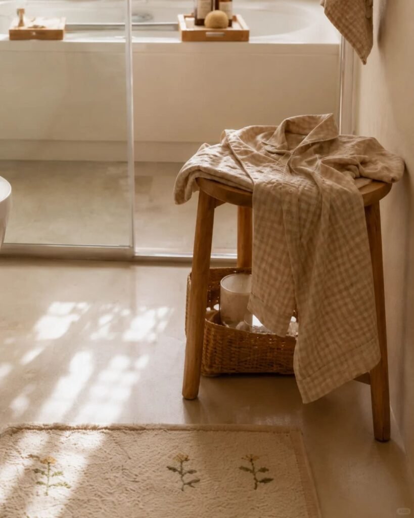 Teak shower stool styled with folded towels and candles in a spa-like bathroom.