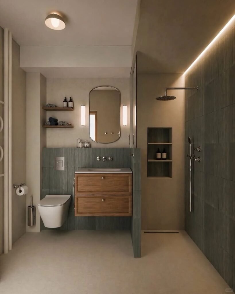 Vertical subway tiles draw the eye upward in a modern small bathroom.