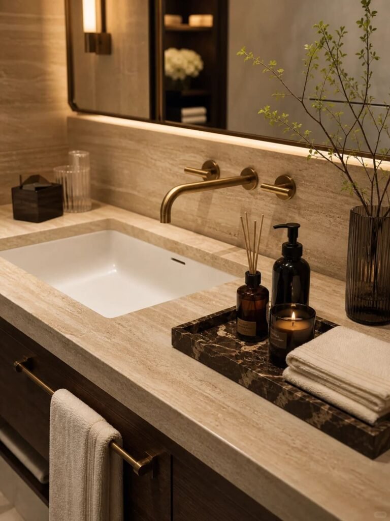 Elegant wall-mounted brass faucet above a floating vanity in a small bathroom.