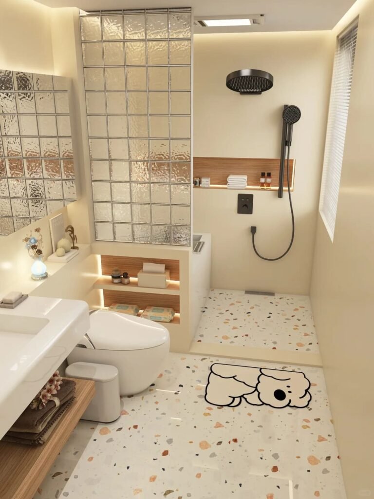 Floating wood vanity in a small bathroom creating an airy, spacious modern look.