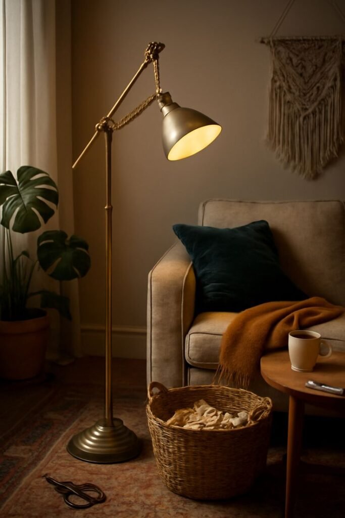 Brass โpharmacyโ floor lamp with a slender adjustable arm and small metal shade, standing next to a sofa and casting focused, warm light for reading or accent illumination - Bedroom Lighting Ideas.