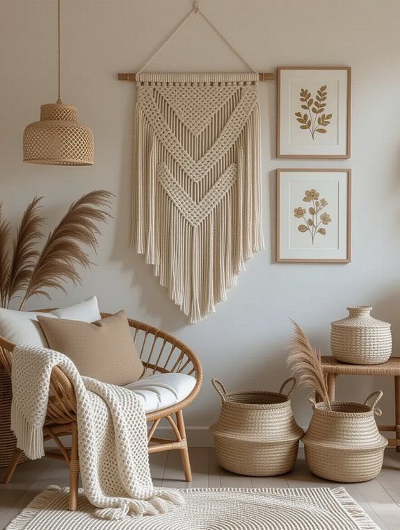 Large boho cream cotton macramรฉ wall hanging adds texture to a cozy bedroom sanctuary.
