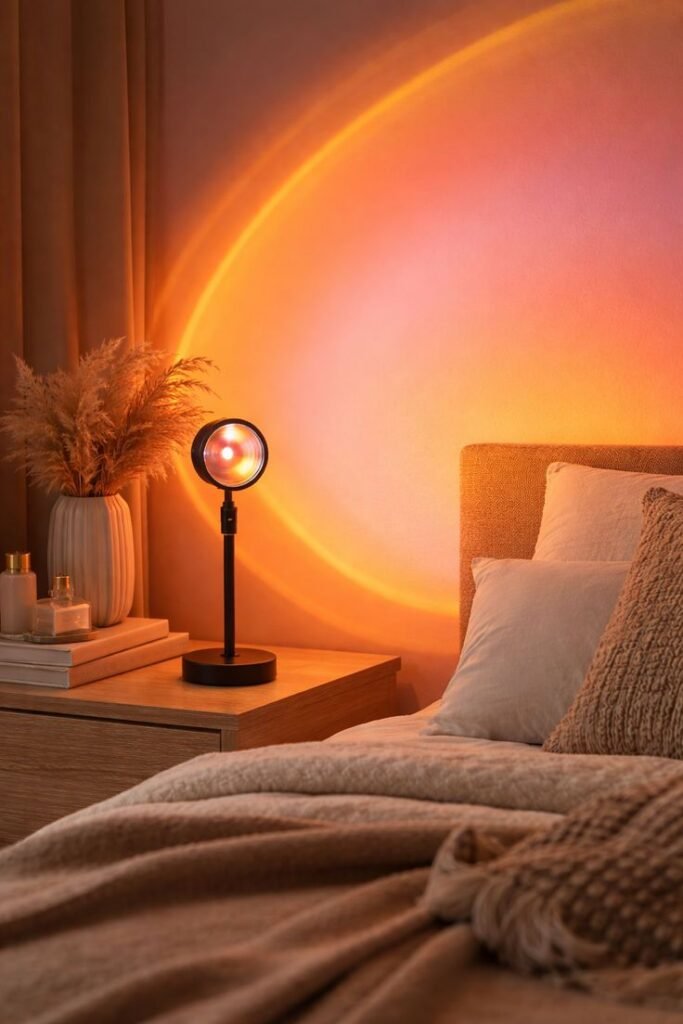 Spherical sunset projection lamp casting warm gradient hues of orange, pink, and yellow across a wall, creating a cozy and artistic ambient lighting effect in the room - Bedroom Lighting Ideas.