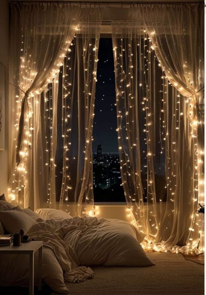 Dimmable fairy light curtain with cascading warm white LED lights hanging down like a curtain, softly illuminating a room and creating a cozy, twinkling ambiance.