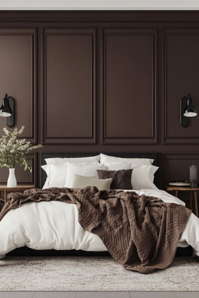 Elegant DIY box trim wall moulding painted in sage green behind a master bed.