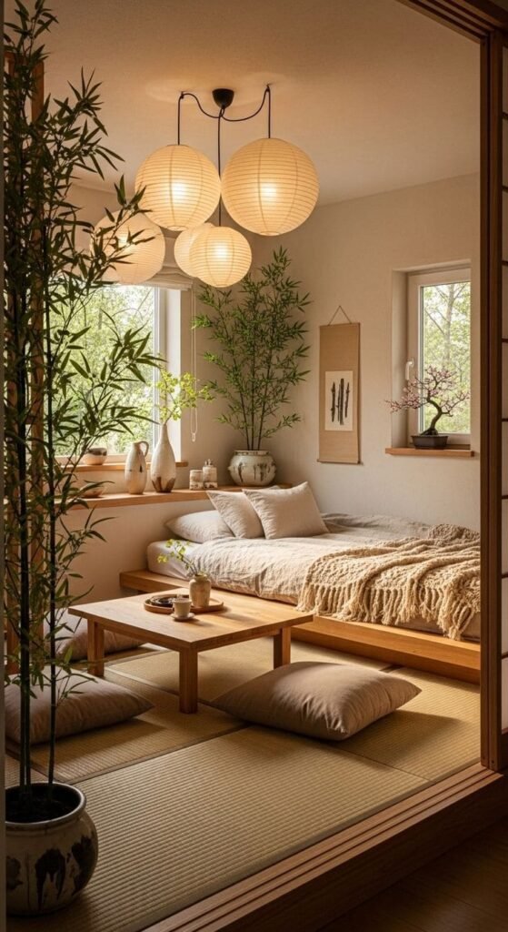 Round white paper lantern light suspended from the ceiling, appearing to float in midair while emitting a soft, warm glow that creates a calm and airy atmosphere - Bedroom Lighting Ideas.