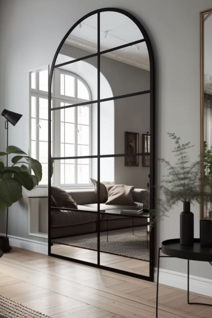 Oversized matte black arched floor mirror leaning against a bedroom wall near a plush rug.