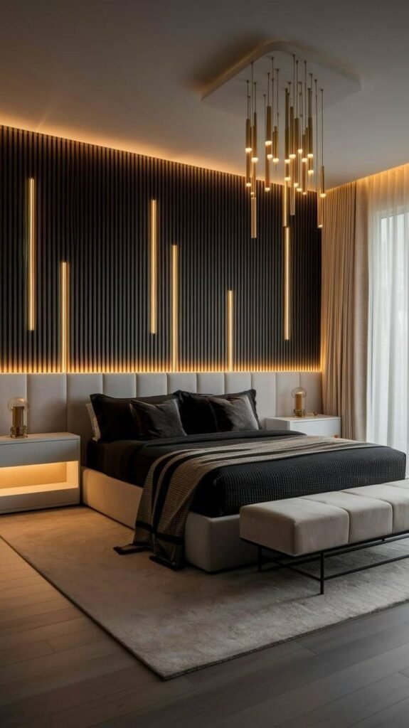 Modern bed headboard with integrated LED strips along the top edge, casting a soft, warm glow on the wall behind and creating a cozy, ambient bedroom lighting effect - Bedroom Lighting Ideas.