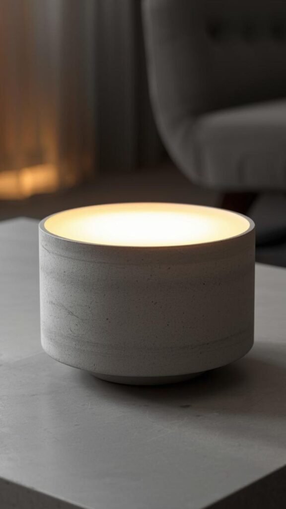 Minimalist concrete table puck with a short, round gray form and soft ambient light glowing from its top edge, set on a tabletop in a modern interior.