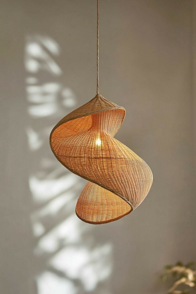 Teardrop-shaped rattan pendant light hanging from the ceiling, featuring a woven natural-fiber shade that emits a warm, textured glow and adds an airy, boho-chic vibe to the room - Bedroom Lighting Ideas.