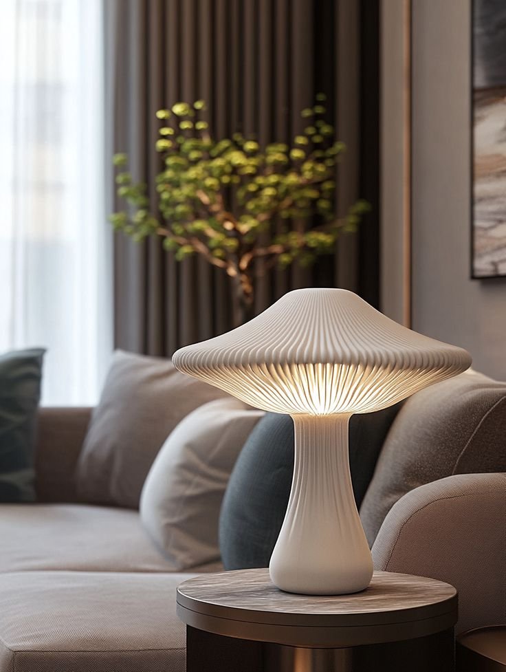 Ribbed glass mushroom lamp with a rounded dome-shaped top and matching stem, glowing warmly on a bedside table and casting soft, textured light through its vertical grooves - Bedroom Lighting Ideas.