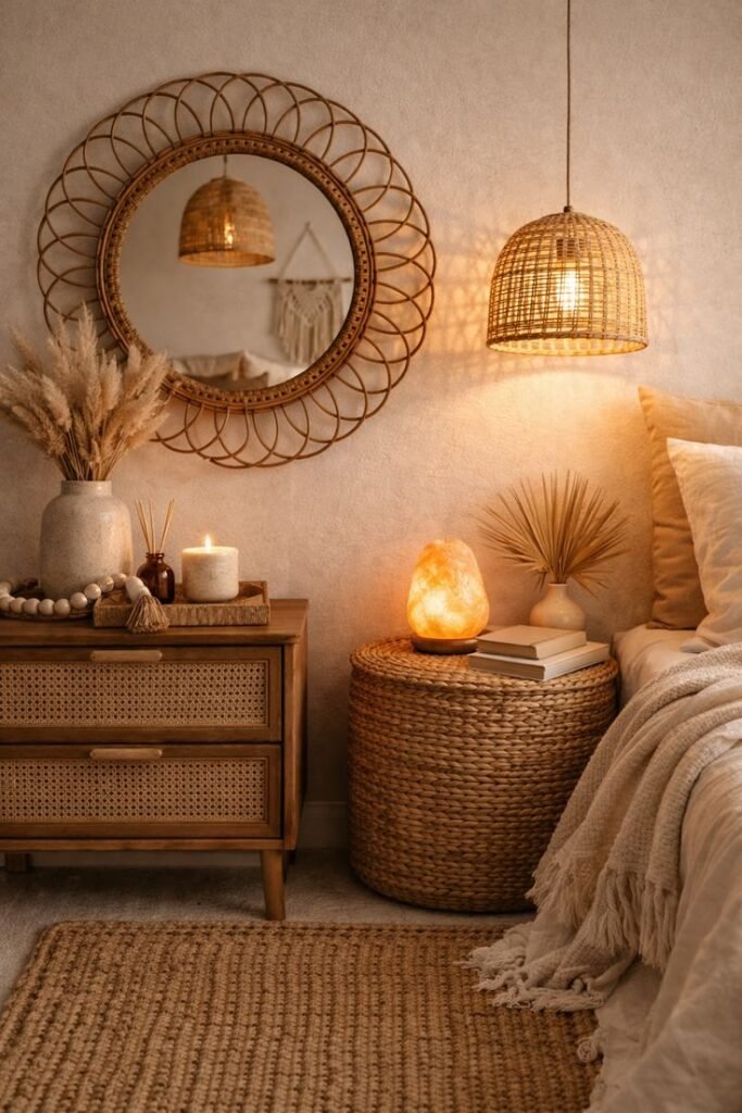 A round rattan sunburst mirror hanging above a nightstand adds natural texture.