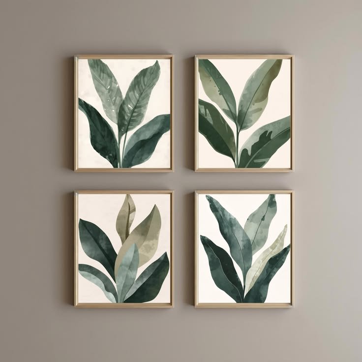 Set of four symmetrical botanical leaf sketches in oak frames above a bed - Bedroom Wall Decor Ideas.