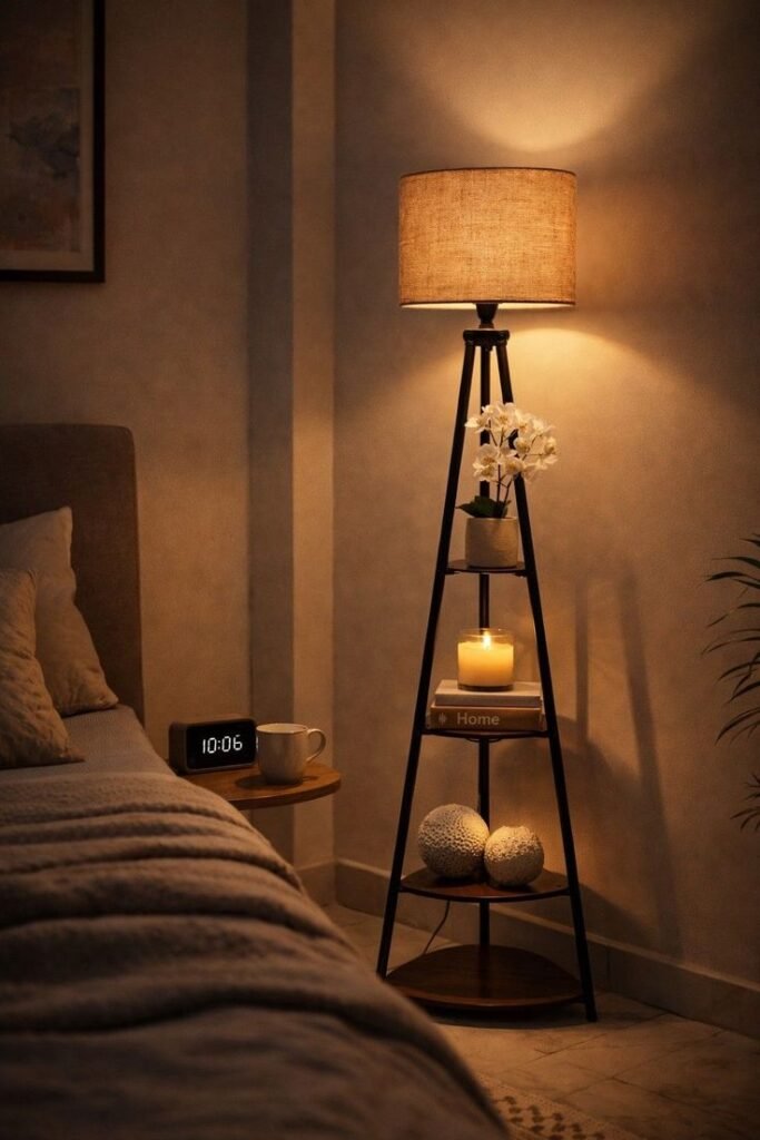 Tapered wooden tripod lamp with three slender wooden legs and a neutral fabric shade, standing on a floor and casting a warm, inviting glow - Bedroom Lighting Ideas.