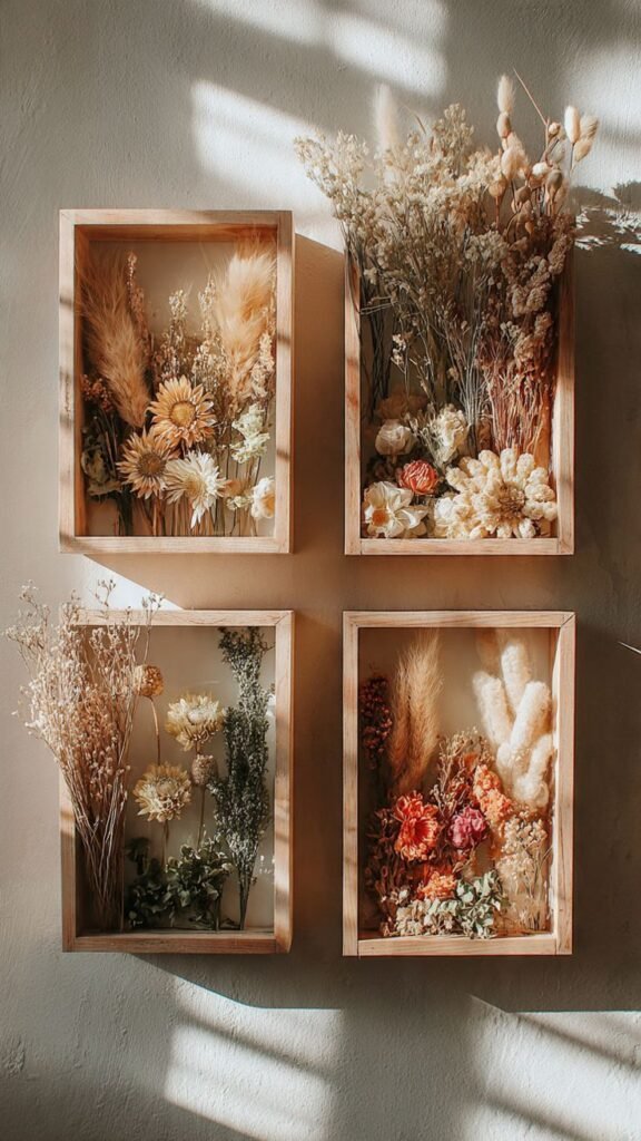 Glass shadow box frames with pressed wildflowers displayed as bedroom wall art.