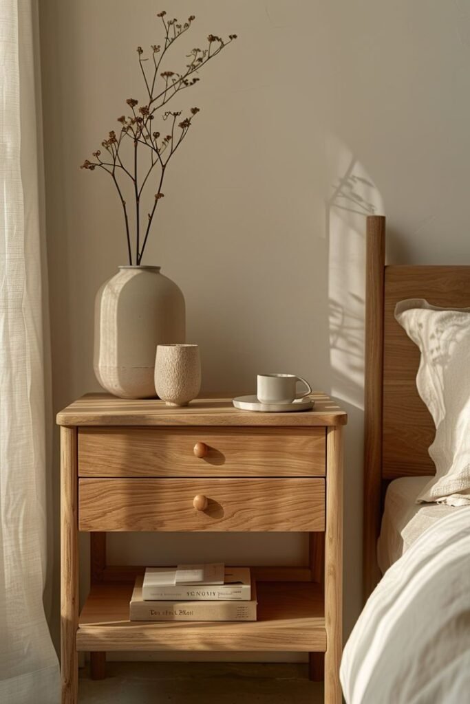 A minimalist natural light wood nightstand showing organic grain patterns, adding warmth to a soft bedroom aesthetic.