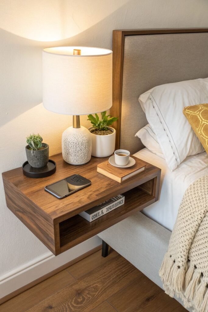 A sleek wooden wall-mounted floating nightstand without legs creates an airy and space-saving look for a modern bedroom.