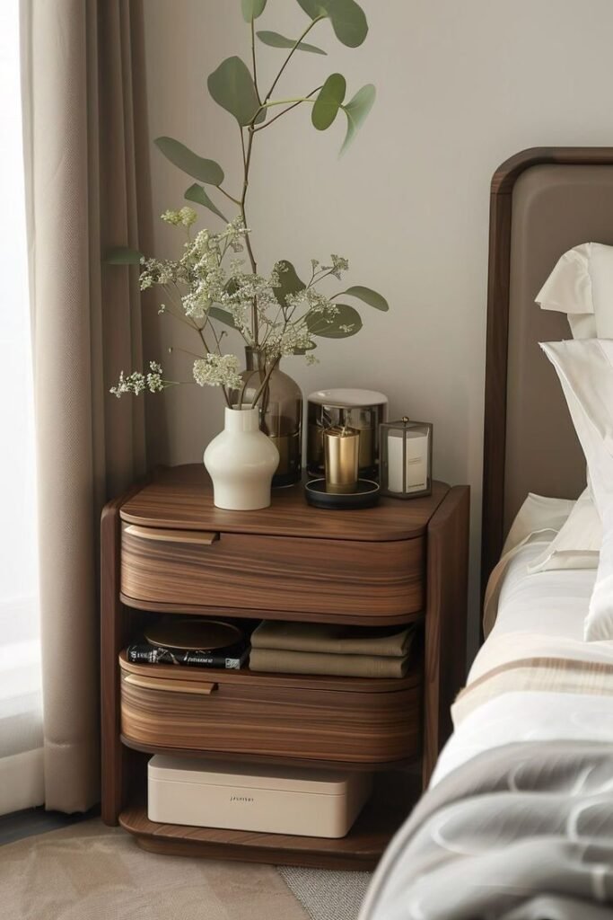 A modern light-colored nightstand with soft curved edges and a minimalist silhouette, designed to complement a cloud-style bed.