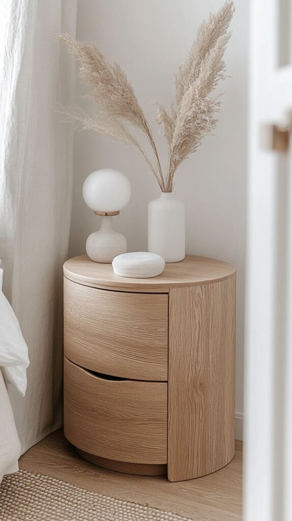 A chic bedside chest featuring smooth, rounded drawers and a soft-edge design to match a pillowy cloud bed.