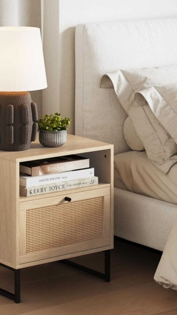 A bohemian-style nightstand with woven rattan drawer fronts and a natural textured frame.