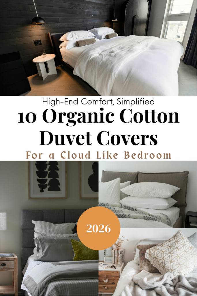 Aesthetic collage for 2026 home decor featuring white organic cotton duvet covers on a minimalist bed, showcasing textured bedding, neutral bedroom styling, and a modern sleep sanctuary.