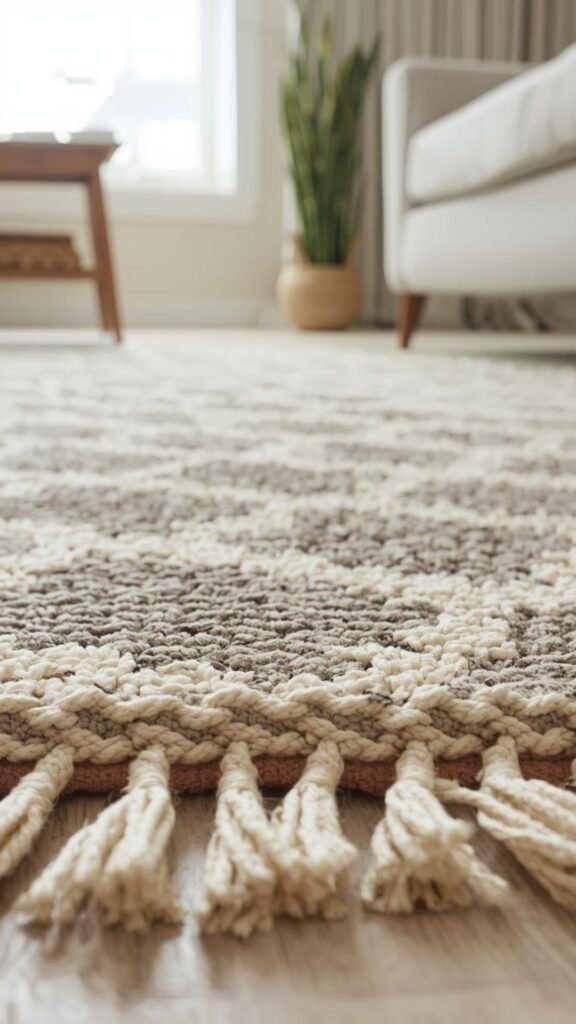 Close-up of a 3D geometric high-low rug showing the braided tassel edge and soft ivory fibers.