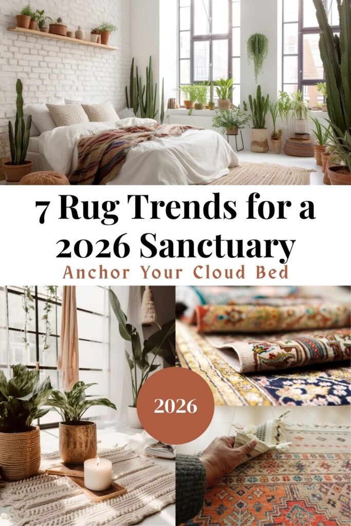 Collage showing 2026 bedroom rug trends including plush shag and 3D textured rugs under a cloud bed.