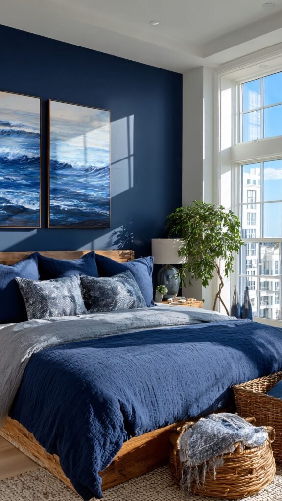 Bedsure navy blue tufted boho comforter set featuring geometric embroidery and shabby chic textured details