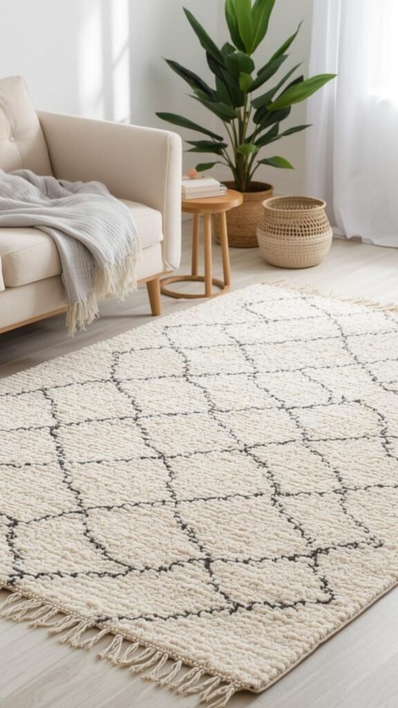 Inspirational bohemian room with a cream and gray diamond rug