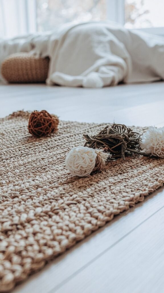 Macro close-up of chunky hand-woven jute and wool fibers showing the raw natural grain and earthy wheat tones.