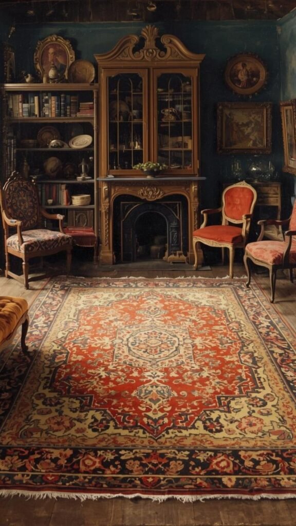 Close-up inspiration of a low-pile distressed rug pattern showing aged floral details, ideal for a quiet luxury bedroom aesthetic.