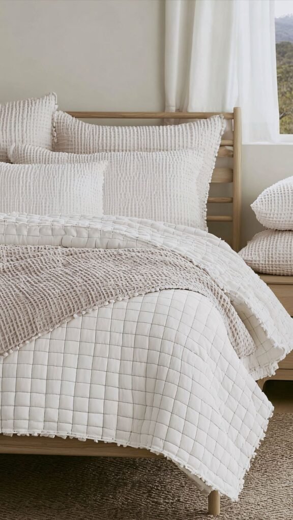 HYMOKEGE beige seersucker duvet cover featuring a soft puckered wavy texture and zippered closure on a cozy bed.