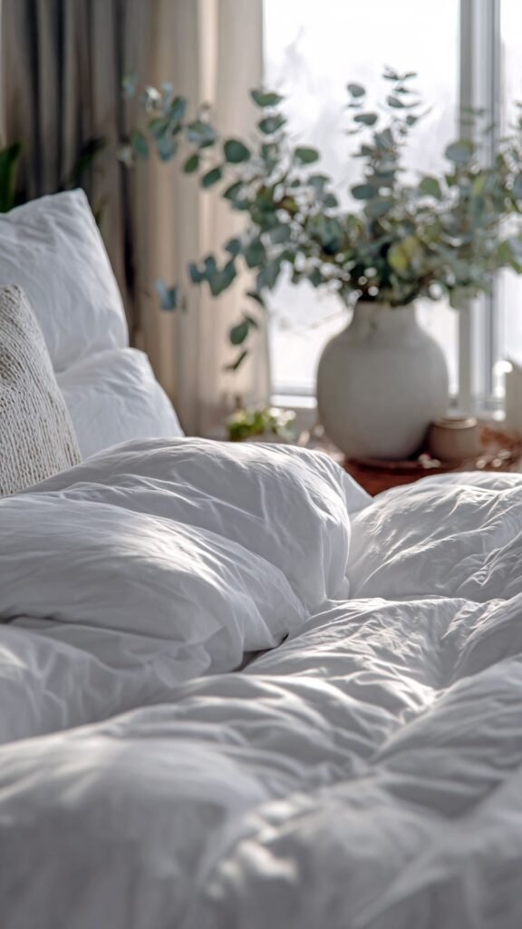 White MILDLY muslin cotton gauze duvet cover showing a lightweight crinkled texture for a cloud bed aesthetic.