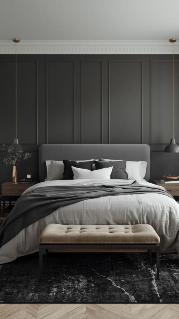 Close-up detail of a mottled olive and charcoal rug texture showing a sun-bleached mineral patina for a luxury bedroom.