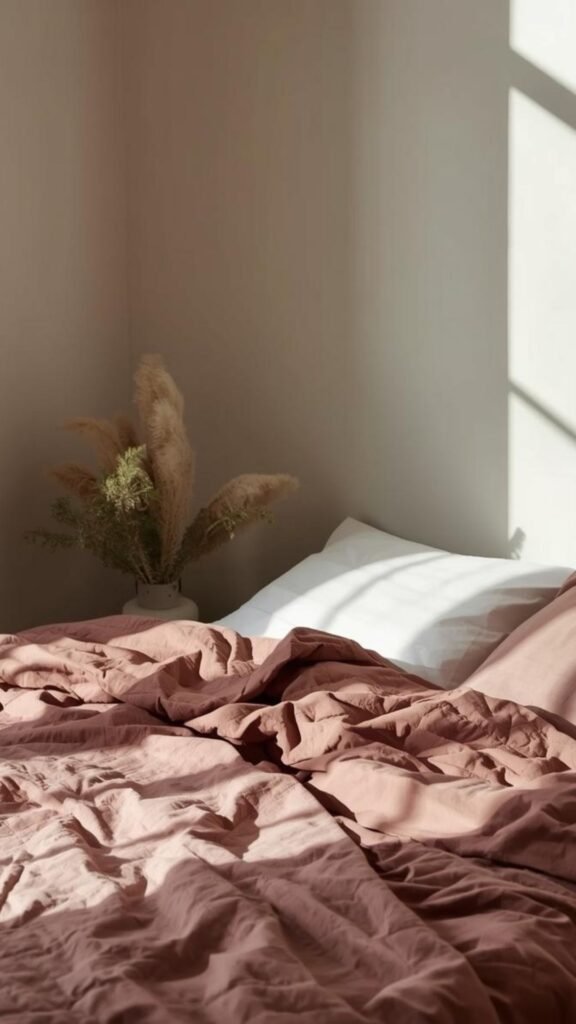 MooMee heathered mauve brown washed cotton duvet cover with a textured linen-like finish and 8 corner ties.