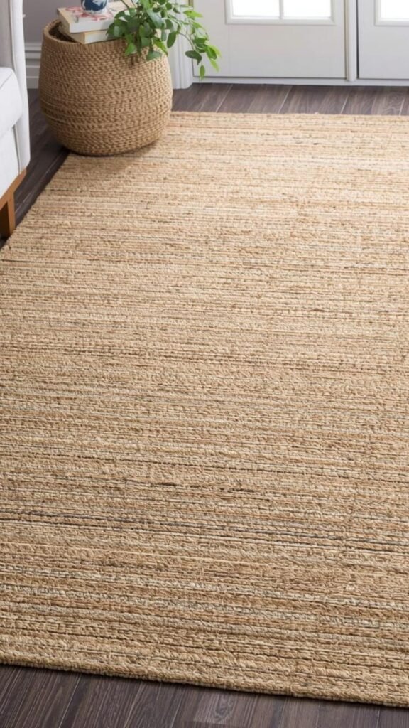 Natural hand-woven jute rug with a chunky organic texture anchoring a cream cloud bed in a modern organic bedroom.