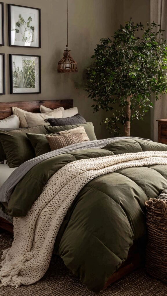 NEXHOME PRO olive green organic washed cotton duvet cover with a textured linen-like finish on a cozy bed.