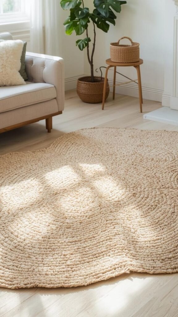 Inspirational modern bedroom featuring a cream, irregular-shaped, organic rug.