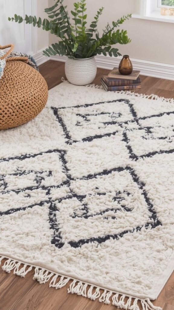 Close-up inspiration of a cream and gray diamond rug showing the non-shedding synthetic fibers and distressed weave.