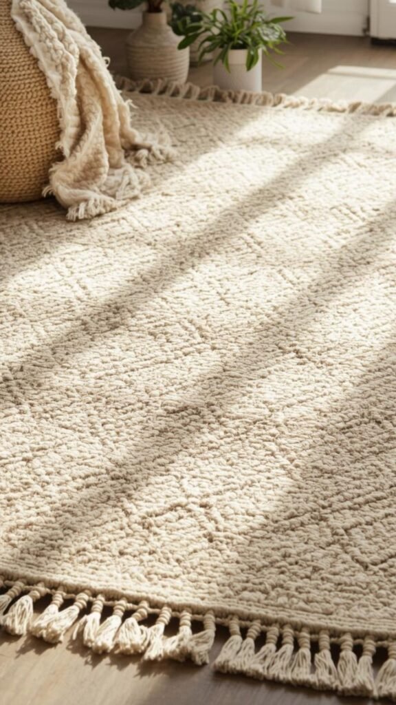 Textured ivory tassel rug with a 3D geometric pattern styled in a modern bedroom with a cloud bed.