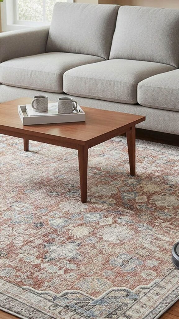Inspirational primary bedroom featuring a soft white cloud bed anchored by a faded vintage medallion rug in muted sage and cream.