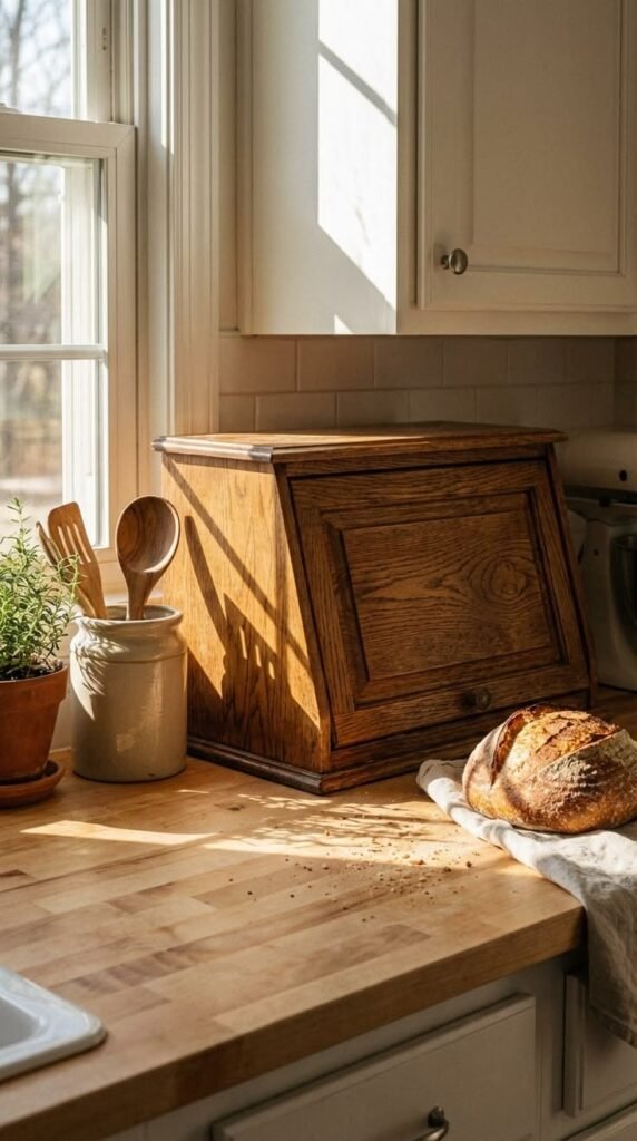 Rolling appliance garage hiding mixer and toaster, keeping kitchen counter decor clutter-free