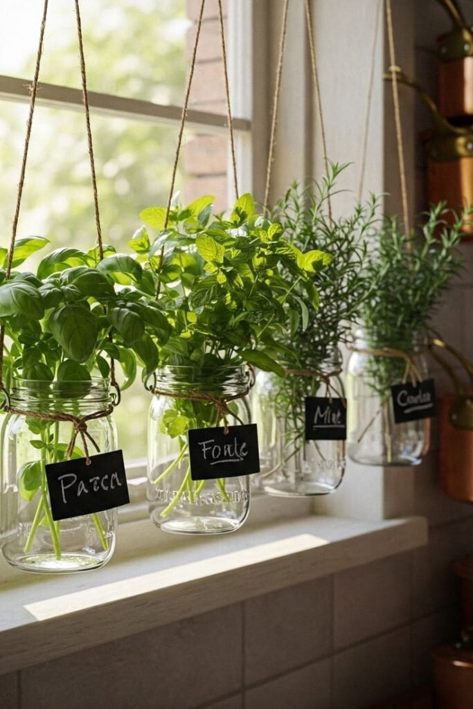 Fresh basil and mint in water glasses, edible and architectural kitchen counter decor